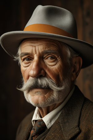 Close up of a portrait of an old man in a hatの素材