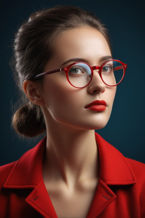 Portrait of a woman in red wearing red rimmed glassesの素材