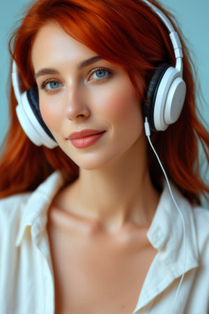 Close up of a red haired woman listening to music with headphonesの素材
