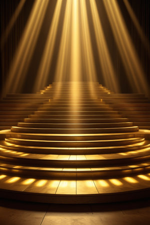 Golden steps and concentrated light beams on the stageの素材