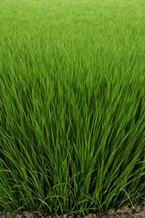 Close up of young green wheat seedlingsの素材