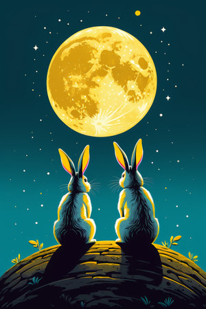Two rabbits sitting opposite each other under the moon illustrationの素材