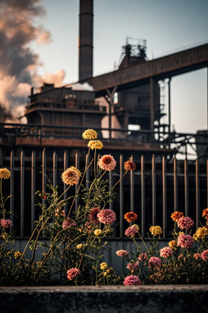 Colorful flowers blooming in front of the factoryの素材