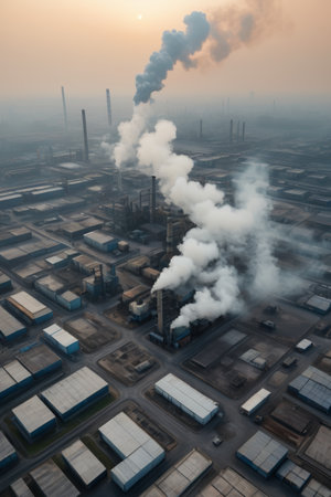 Aerial footage of smoking chimneys in industrial areasの素材