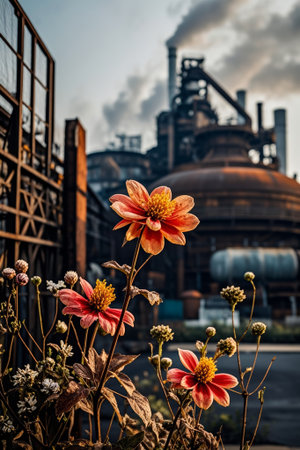 Bright flowers blooming in front of the factoryの素材