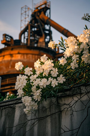 White flowers blooming next to industrial facilitiesの素材