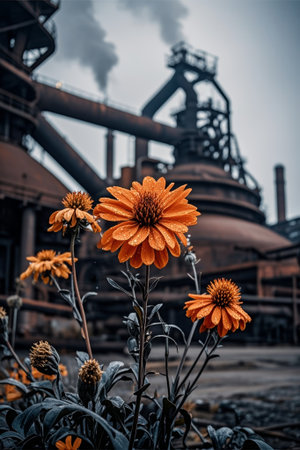Blooming flowers in the industrial sceneの素材