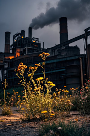 Yellow wildflowers blooming in front of the factoryの素材