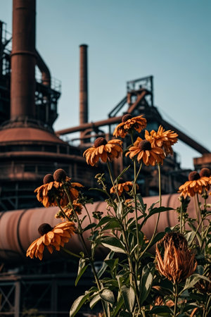 Orange flowers blooming next to the factoryの素材