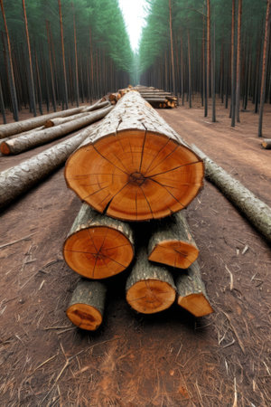 Felled timber piled in forestsの素材