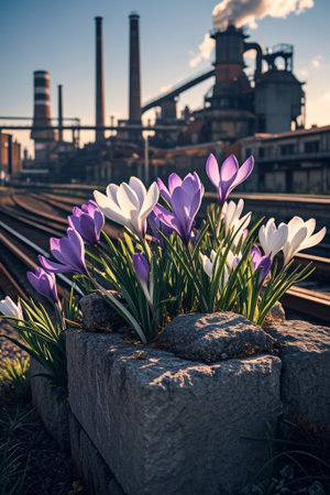 Purple and white flowers blooming next to the factoryの素材