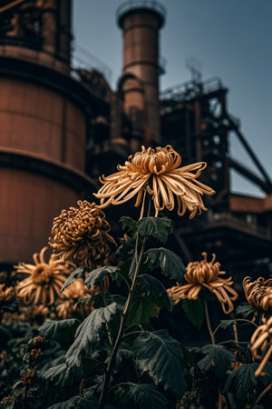Chrysanthemums blooming in front of the factoryの素材