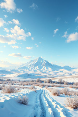 Snow road scenery under the snow mountainの素材