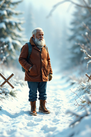 Elderly people carrying backpacks on snow hikesの素材