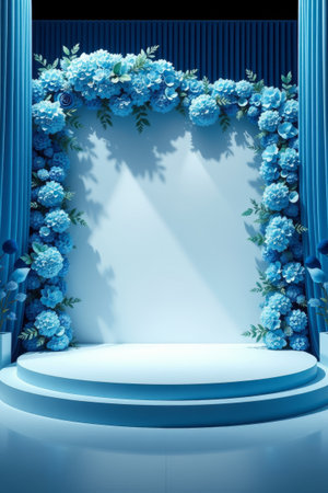 Stage scene with blue floral decorationの素材