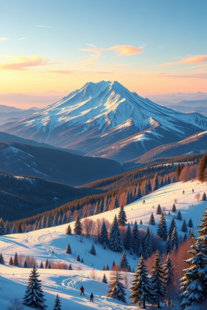 Winter forest scenery under the snow capped mountainsの素材