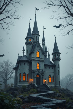 Gothic castle in a gloomy fogの素材