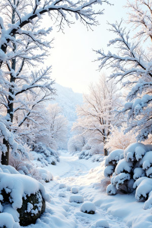 Snow covered forest mountain path sceneryの素材
