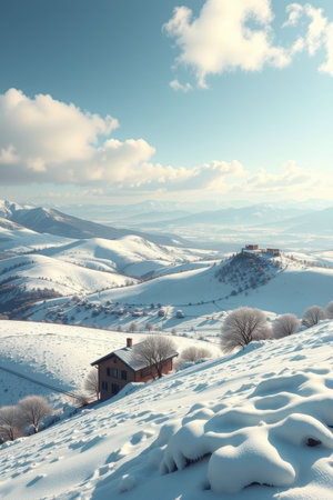 Cabin scenery in the snow capped mountainsの素材