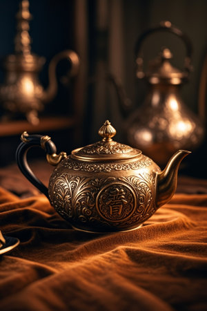 Close up of traditional craft metal teapotの素材