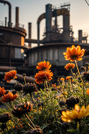 Orange flowers blooming in front of the factoryの素材