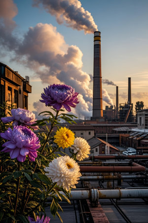 Colorful flowers blooming next to the factoryの素材