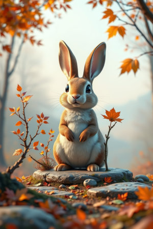 Cute bunny standing in autumn natureの素材