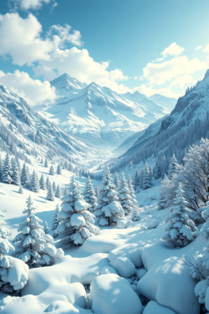 Snow covered forest landscape at the foot of the snow capped mountainsの素材