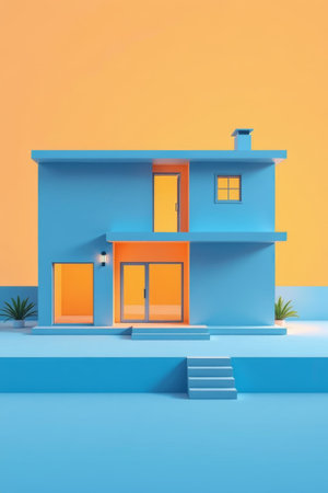 Modern minimalist style house with blue and orange color schemeの素材