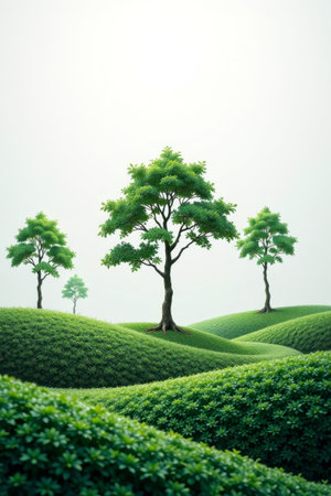 Landscape with trees on green hillsの素材