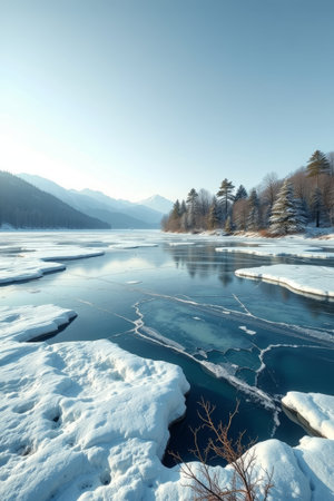 Frozen lake and snowy mountains and forests in winterの素材