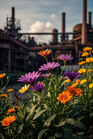 Colorful flowers blooming in front of the factoryの素材