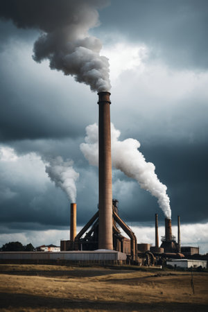 Industrial landscape with smoking chimneys of power plant in Poland.の素材
