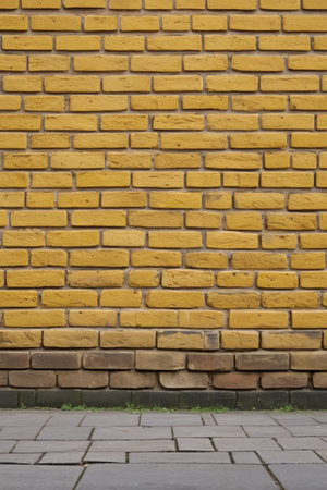 Background of brick wall texture. Yellow brick wall with green grass.の素材