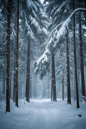 Winter forest with snow covered trees. Beautiful winter landscape with snowy trees.の素材