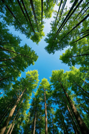 Tall green trees with blue sky in the forest, natural backgroundの素材