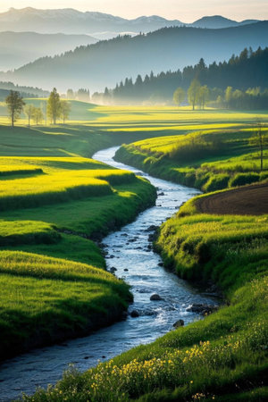 A river scenery winding through the fieldsの素材