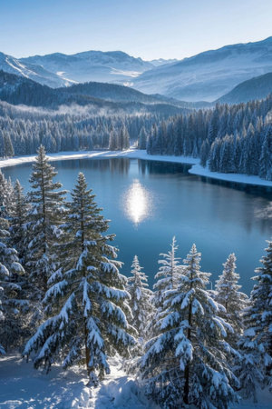 A quiet lake covered in winter snow in the mountains and forestsの素材