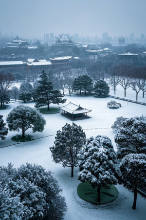 Overlooking the Chinese garden landscape in the snowの素材