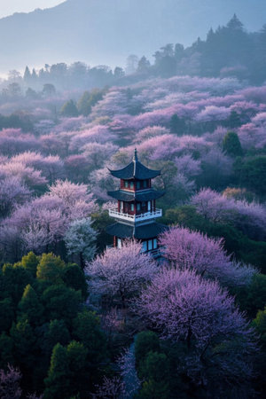 Chinese tower landscape in cherry blossom forestの素材