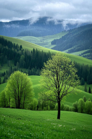 Green hills in the rain forest sceneryの素材