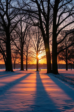 Sunset scene in the snow woods in winterの素材