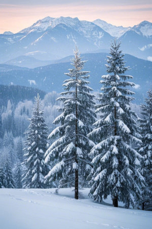 Snow covered mountains and forests and distant snow capped mountain sceneryの素材