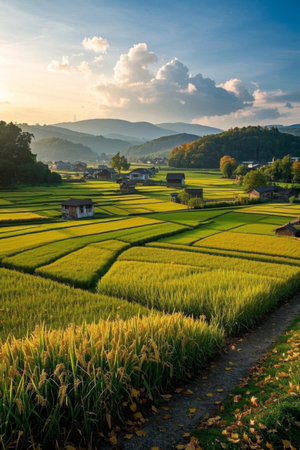 Pastoral scenery and beautiful golden rice fieldsの素材