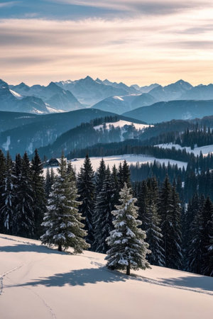 Winter panorama of snow capped mountains and forestsの素材