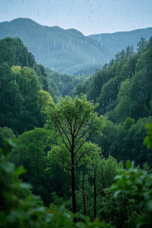 Dense forest landscape in the rain among the mountainsの素材