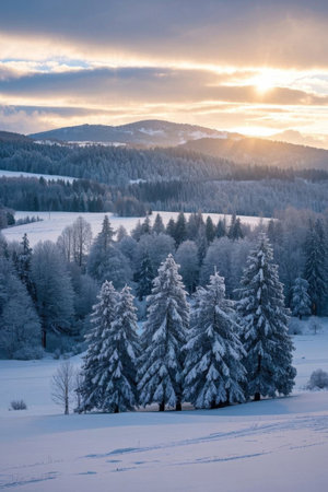 The sunrise scene in the mountains and forests covered with snow in winterの素材