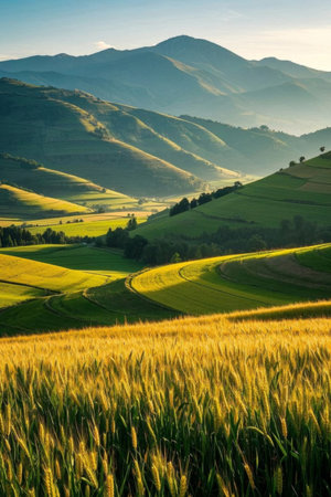 Fields of wheat and distant mountains of natural sceneryの素材