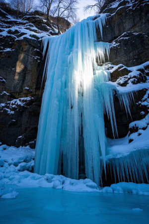 Spectacular ice waterfalls covered in winter ice and snowの素材