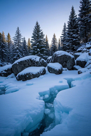 Winter Snow Forest and Ice River Landscapeの素材